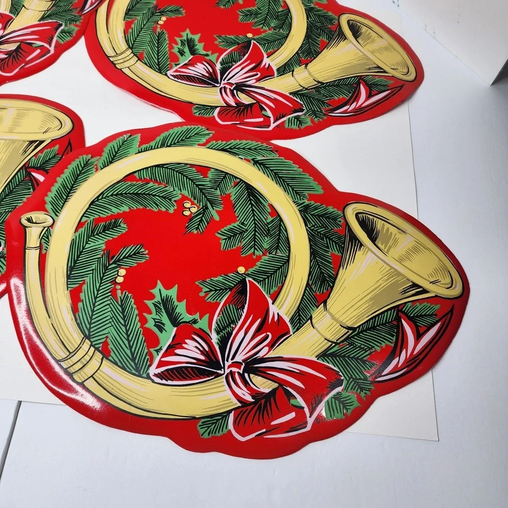 Town & Country Vinyl 1980s Christmas Table Placemats 14 X 18 Red French Horn EC